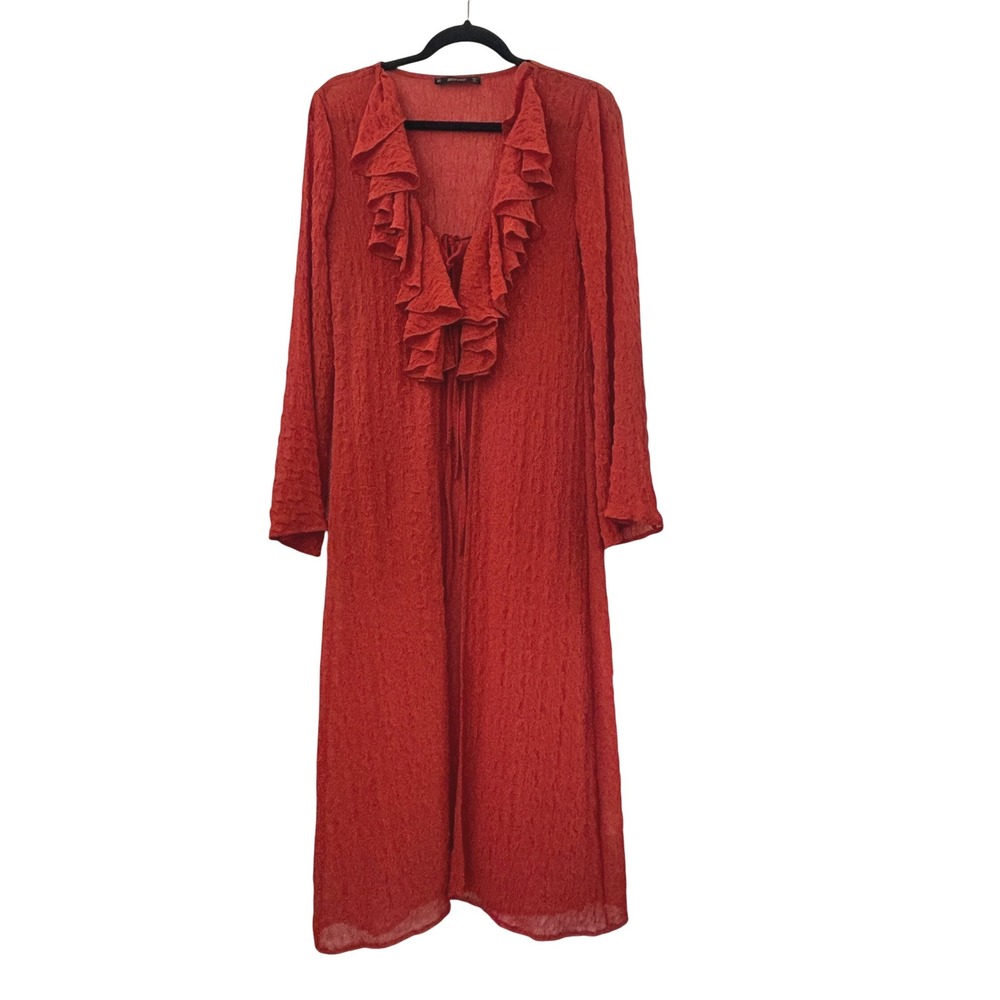 Hesperus Duster Cardigan Medium Burnt Orange Boho Whimsi Ruffle Tie Front